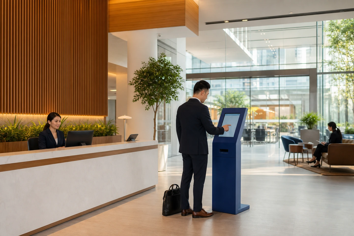 Khách làm thủ tục check-in bằng kiosk tại sảnh doanh nghiệp