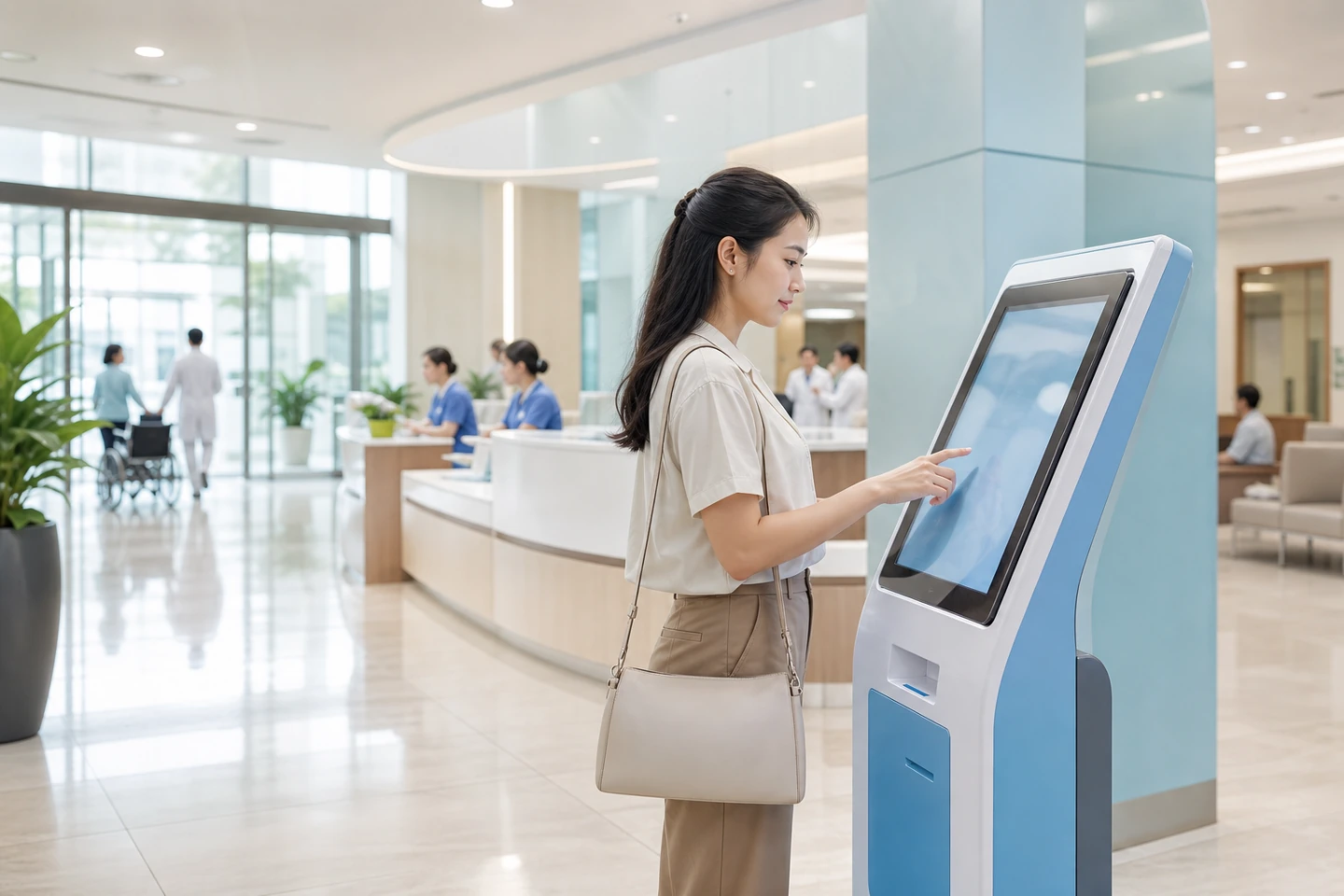 Người dùng thao tác kiosk tại sảnh bệnh viện