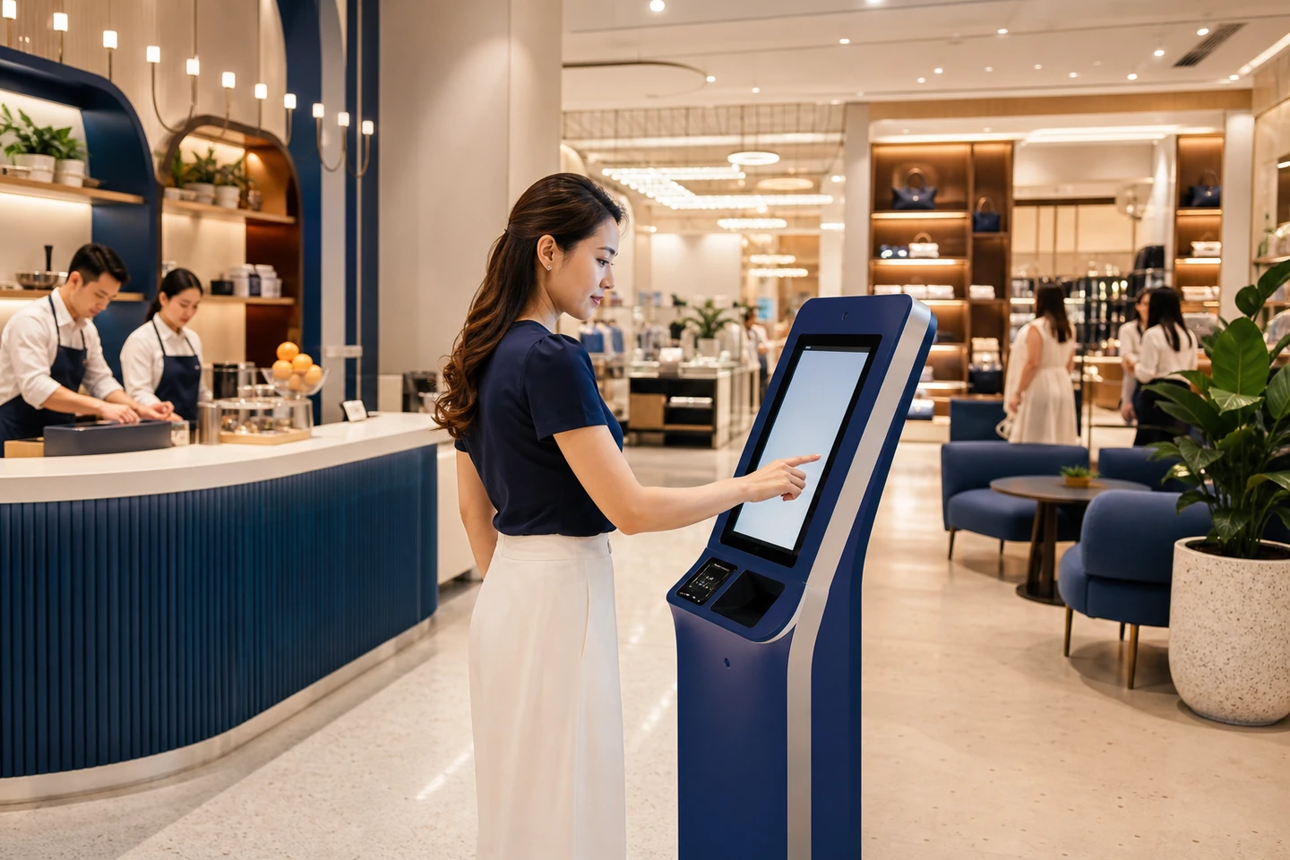 Khách hàng thao tác kiosk tại không gian bán lẻ và dịch vụ
